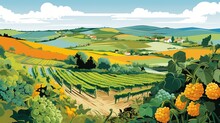 Illustration Of Fields Of Fruits Van Gogh Style Clean Vector, Generative Ai