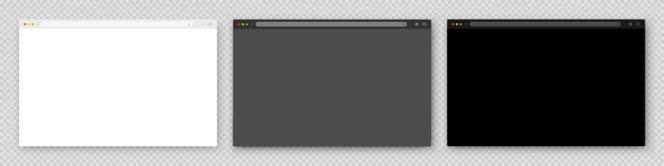 A set of three browser windows in white, gray and black on a gray background. Website layout with search bar, toolbar and buttons. Vector illustration.