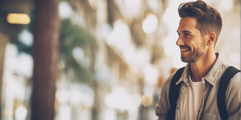 Hundsome American man tourist nice fashion half body eye contact and background empty space for design in USA