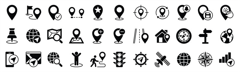 Location icons set. Navigation icons. Map pin place marker icon symbol. Direction, compass, GPS, place, distance, route, traffic, road and other. Vector illustration