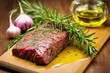 herb rubbed steak near olive oil bottle unopened