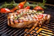italian-grilled swordfish steak on hot bbq grill