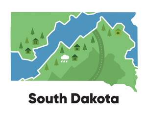Wall Mural - South Dakota map shape United states America green forest hand drawn cartoon style with trees travel terrain