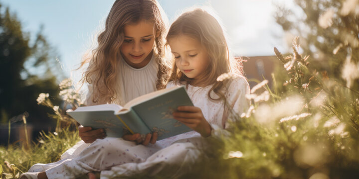 Mother and daughter reading in the garden with sunshine on the back of their hair