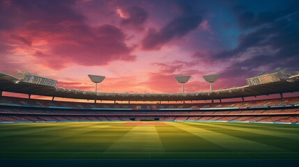 Wall Mural - A panoramic, high-definition image of a cricket stadium that showcases the stark difference between the bright daylight and the vibrant evening atmosphere when the stadium lights come on.