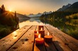 The warm radiance of lighted candles on a brown wooden table sets a serene and enchanting mood - AI Generative