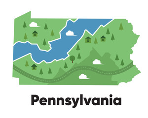 Wall Mural - Pennsylvania map shape United states America green forest hand drawn cartoon style with trees travel terrain