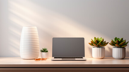 A minimalist workspace, white desk with a  potted succulents and laptop computer
