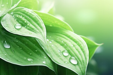 Fresh hosta plant leaves after rain with water drops