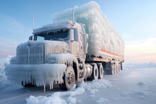 Winter Scene Of Frozen Trucks – Heavy Goods Vehicles Covered In Ice And Icicle,s Blue Sky In The Background 