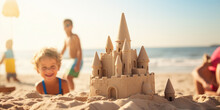 Ambitious Sandcastle On Beach, Children Playing In The Background 