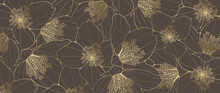 Brown Floral Background With Golden Flower Outlines. Vector Background For Decor, Wallpaper, Covers, Cards.