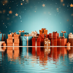 Many gift boxes for birthday, new year, wedding or other holiday with reflection in water