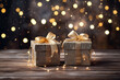 paquetes de regalo con lazo dorado sobre madera y fondo bokeh dorado luminoso. Concepto celebraciones, año nuevo, navidad, cumpleaños, aniversarios, dia de la madre