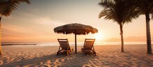 Palm Trees ,Beach Chairs And Umbrellas On Sandy Beach In Tropical Beach With Sunset View