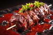 beef ribs covered in bbq sauce on a metal skewer