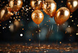 Gold air balloons floating at upper side with gold confetti around on dark background with free text copy space. Greeting card