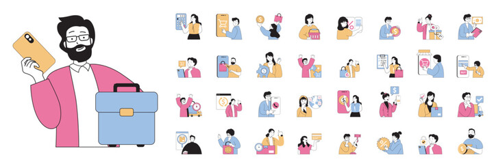 Aufkleber - Mobile commerce concept with people situations mega set in flat web design. Bundle scenes of online shopping and ordering in apps. Vector illustrations for social media banner, marketing material.
