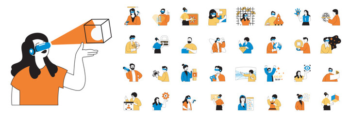 Poster - Virtual reality concept with people situations mega set in flat web design. Bundle scenes of learning, working, gaming in 3d goggles. Vector illustrations for social media banner, marketing material.