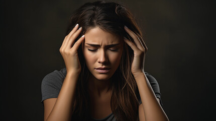 Poster - A woman holds her head because of a severe headache