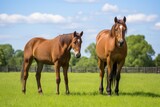 Fototapeta Konie - a pair of horses grazing together, another horse looking from a distance