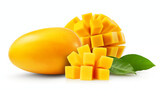 Yellow mango and mango slice with cubes isolated white background. Made with generative ai