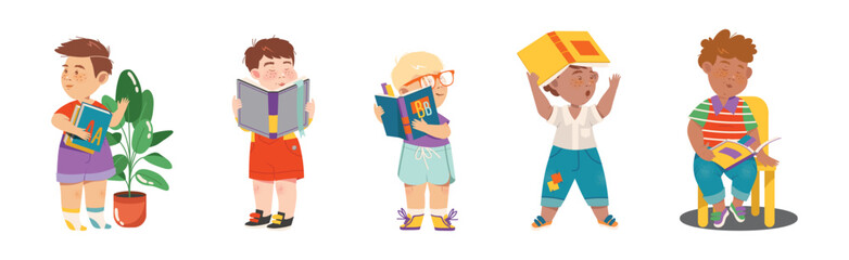 Reading Children with Interesting Book Enjoy Recreation Vector Set