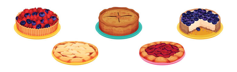 Sticker - Baked Pie Made from Pastry Dough with Sweet Fruit Filling Vector Set