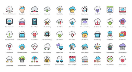 Wall Mural - Cloud Network Colored Line Icons Cloud Computing Iconset in Filled Outline Style 50 Vector Icons