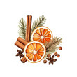 © Oleksiy - Christmas decor, dried orange slices, cinnamon, vanilla watercolor for greeting card design on white background