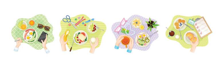 Sticker - Hands and Breakfast Table Above View with Meal on Plate Vector Set