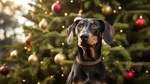 Doberman Portrait On The Background Of A Christmas Tree. Merry Christmas And Happy New Year Concept. .