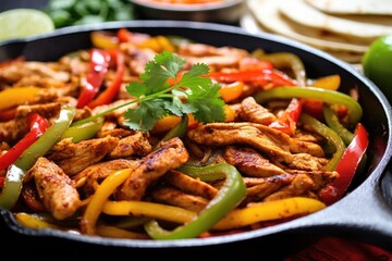 Wall Mural - close-up of chicken fajitas with colorful bell peppers