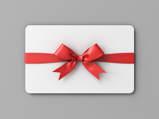 Poster - White gift card or gift voucher with red ribbon bow isolated on grey background with shadow minimal conceptual 3D rendering