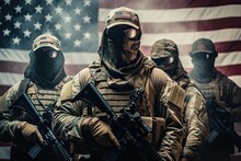 Group Of Soldiers In Military Uniform And Gas Mask On The American Flag Background, US Army Soldiers With Weapons And The United States Flag On The Background, Face Covered With A Mask, AI Generated