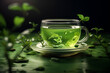 Transparent cup of tea with green tea on a dark background, 3d illustration, generated ai
