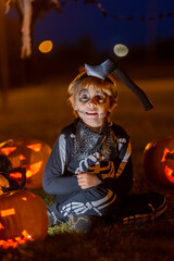 Wall Mural - Two boys in the park with Halloween costumes, carved pumpkins with candles and decoration.