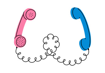 Wall Mural - Hand drawn cute cartoon illustration of two retro phone handsets connected by wire. Flat vector old telephone receiver sticker in colored doodle style. Communication, dialogue icon or print. Isolated.