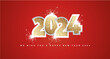 We wish you a Happy New Year 2024 light golden glitter typography on silver 2024 with sparkle firework. New Year 2024 on red background