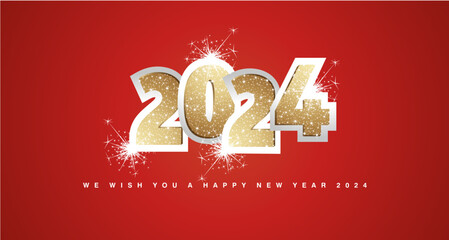 Sticker - We wish you a Happy New Year 2024 light golden glitter typography on silver 2024 with sparkle firework. New Year 2024 on red background