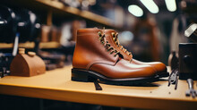 Close-up of quality male leather boots. Creative concept of leather workshop, repair and manufacture of luxury shoes to order.