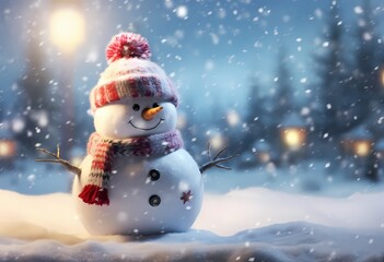  little snowman in santa hat sitting in the snow, ethereal light effects, whimsical landscapes, bokeh panorama, caricature-like