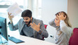 Businessman arguing and yelling at his female colleague in office. Abuse and conflict at work concept. Businesswoman with hands on head can't listen her loud superior. Business conflict.
