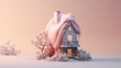 Miniature toy model of a house in a warm knitted winter scarf. Creative concept for mortgages, winter discounts and warm housing. 