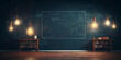 School Class Room Background Stock,  Class Background Stock , An empty room featuring a chalkboard, blue wall, and bulb lights AI Generated