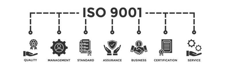 ISO 9001 banner web icon vector illustration concept with icon of quality, management, standard, assurance, business, certification and service