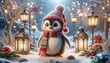 A magical Christmas critter resembling a realistic penguin, donning a festive scarf and hat, standing amidst a snowy landscape, with shimmering lanterns illuminating the scene.