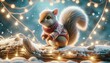 A magical Christmas critter resembling a realistic squirrel, wearing a knitted Christmas sweater, perched on a snow-covered log, with twinkling fairy lights draped around.
