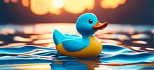 A Plastic Toy Duck Floating In The Water Against A Sunse