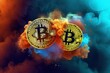 two gold bitcoins with colorful smoke